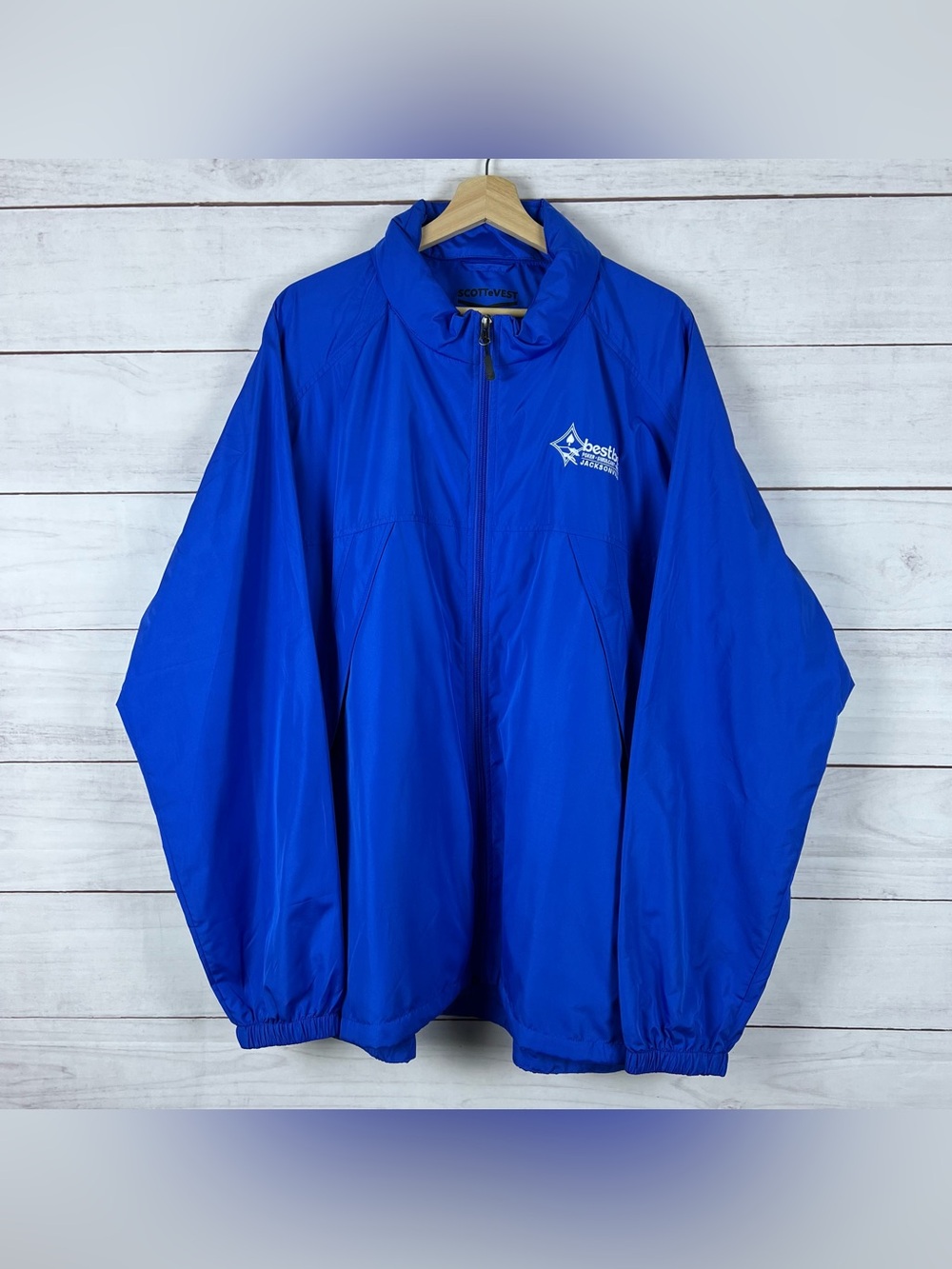 Scottevest Jacket Mens 3XL Blue Packable Pack Windbreaker Hood Travel Pockets